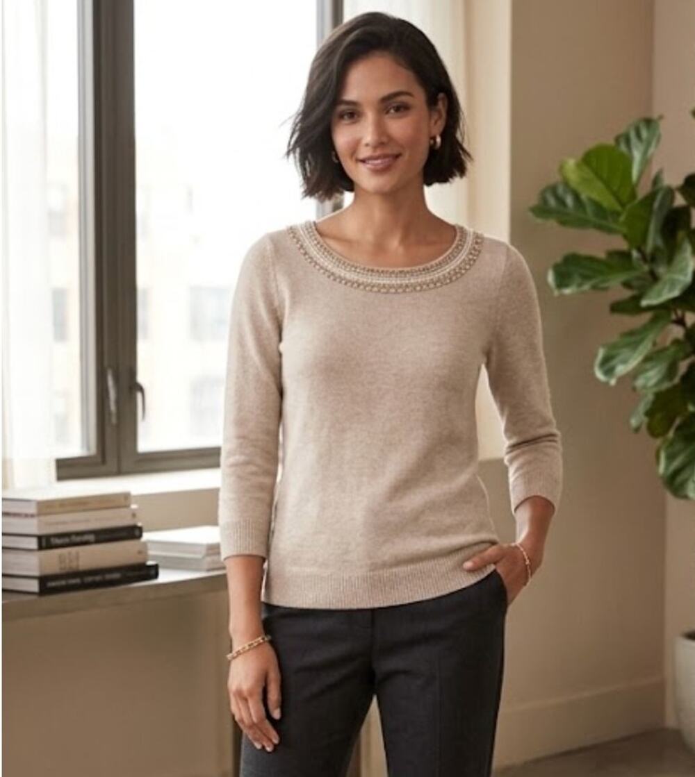BANANA REPUBLIC Beige Embellished Beaded Wool Blend Sweater size Small